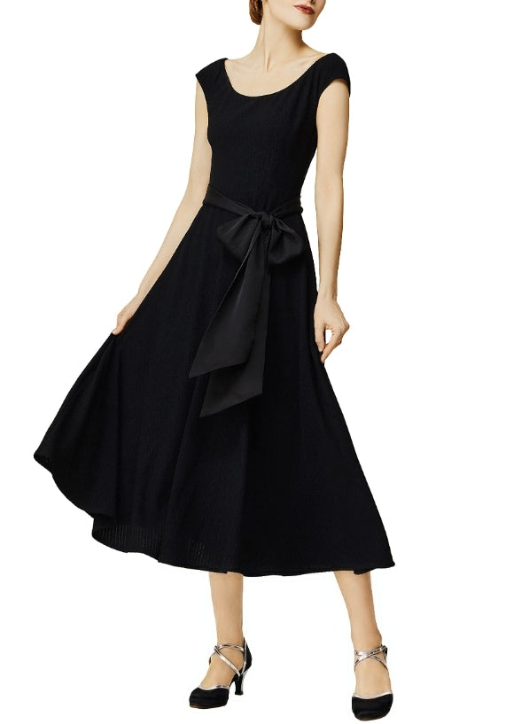Black Formal Dress for Women A-line Long Dress with Wide Ribbon Waistband Prom Maxi Dress